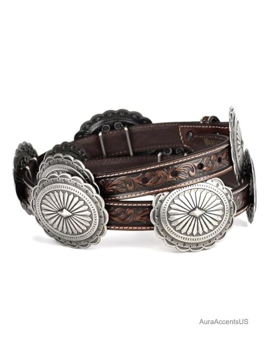 Western Tooled Leather Belt with Silver Oval Concho, Pull On main image 6
